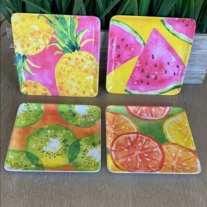 Colorful Fruit-Themed Square Melamine Snack Plates Set.